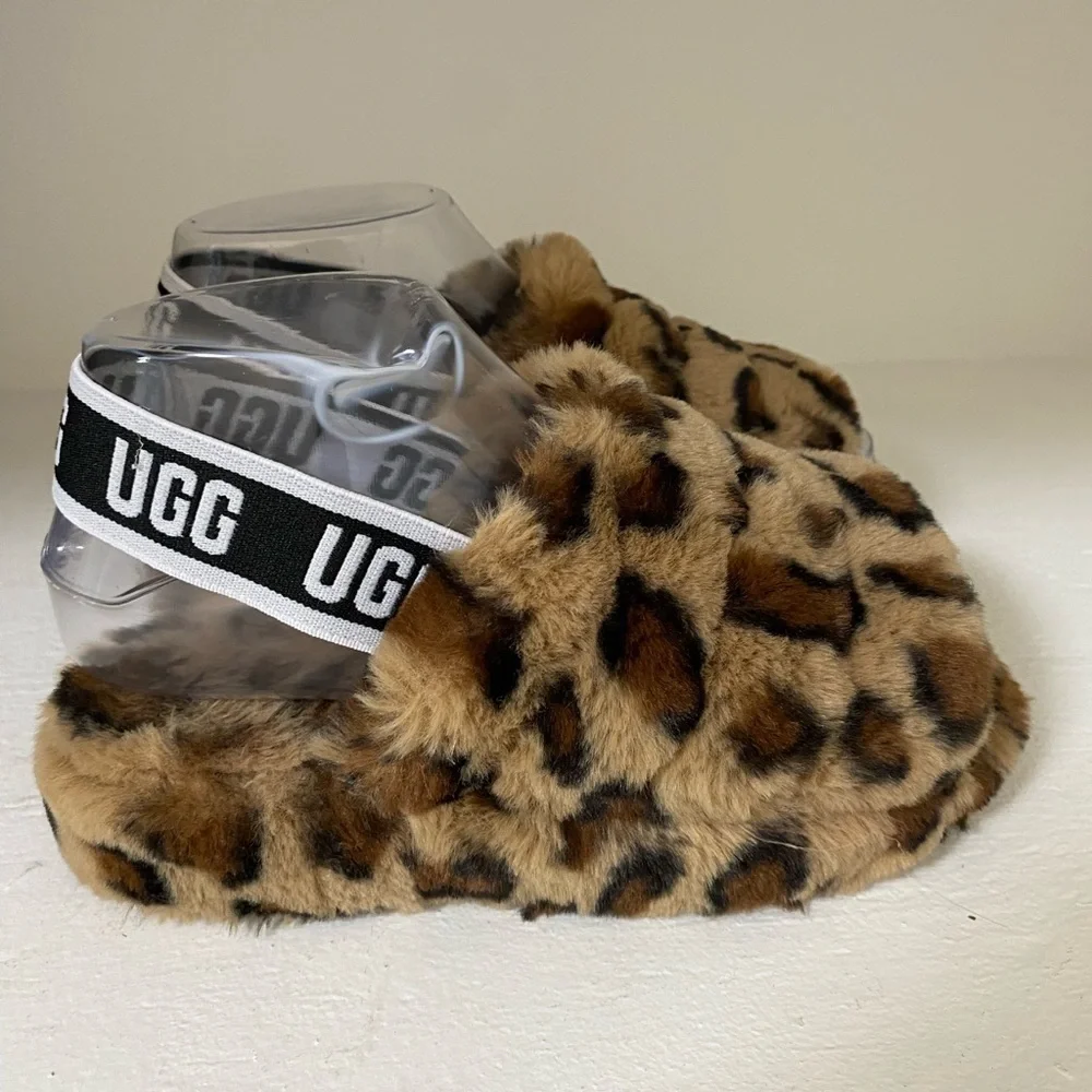 UGG Tan and Black Fuzzy Animal Print Slippers